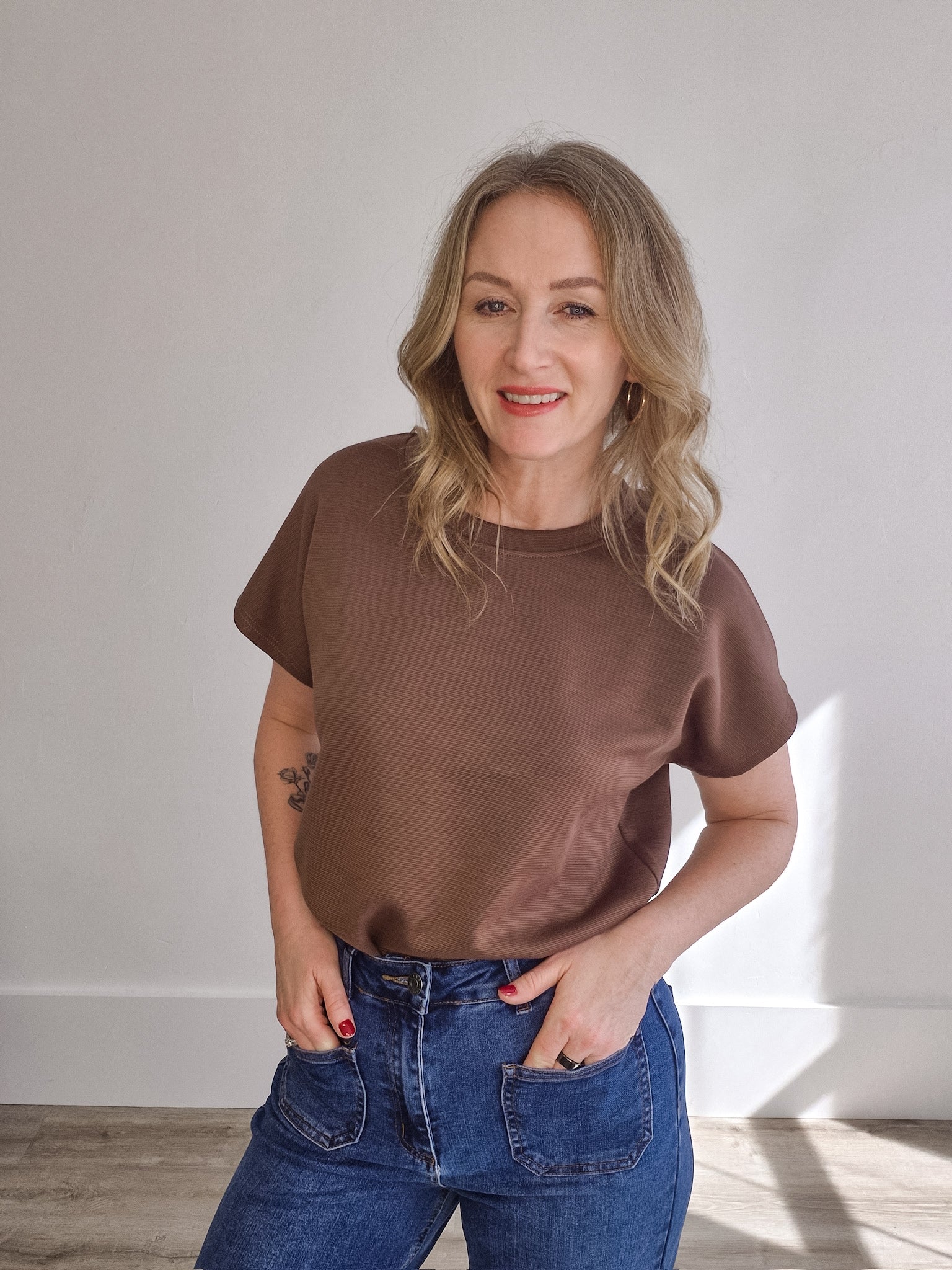 Drop Short Sleeve Top - Brown-Casual Tops- Hometown Style HTS, women's in store and online boutique located in Ingersoll, Ontario