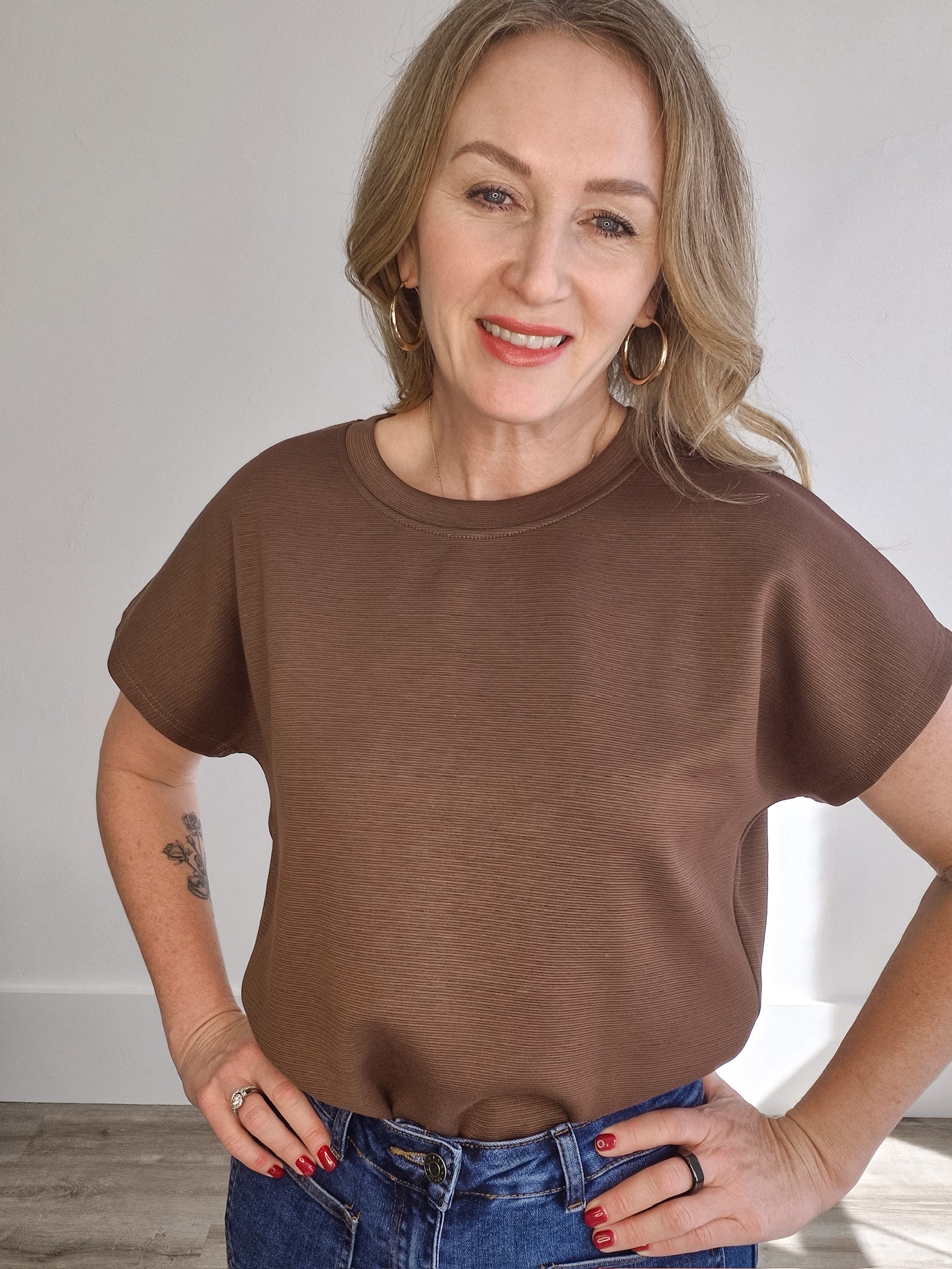 Drop Short Sleeve Top - Brown-Casual Tops- Hometown Style HTS, women's in store and online boutique located in Ingersoll, Ontario