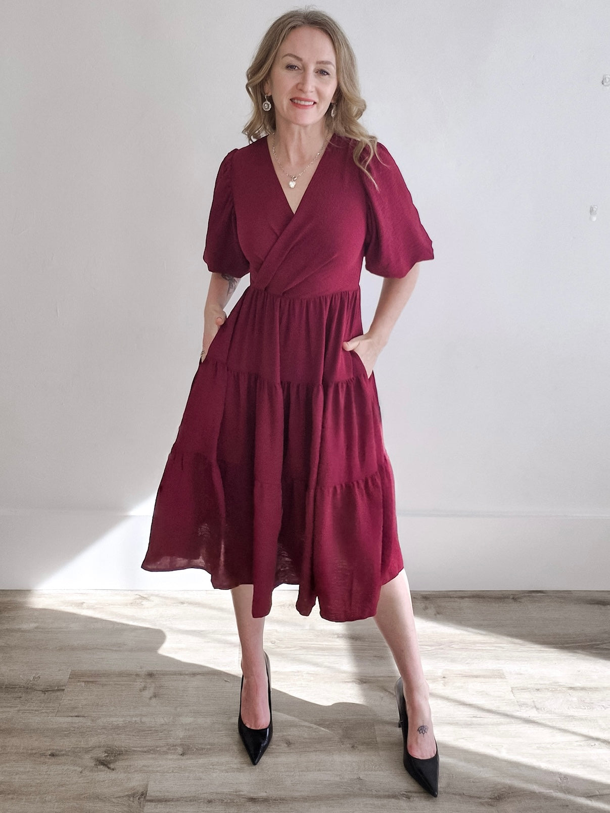 Balloon Sleeve Dress - Wine-Special Occasion Dress- Hometown Style HTS, women's in store and online boutique located in Ingersoll, Ontario