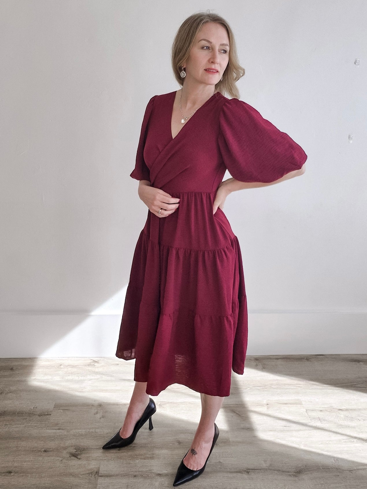 Balloon Sleeve Dress - Wine-Special Occasion Dress- Hometown Style HTS, women's in store and online boutique located in Ingersoll, Ontario