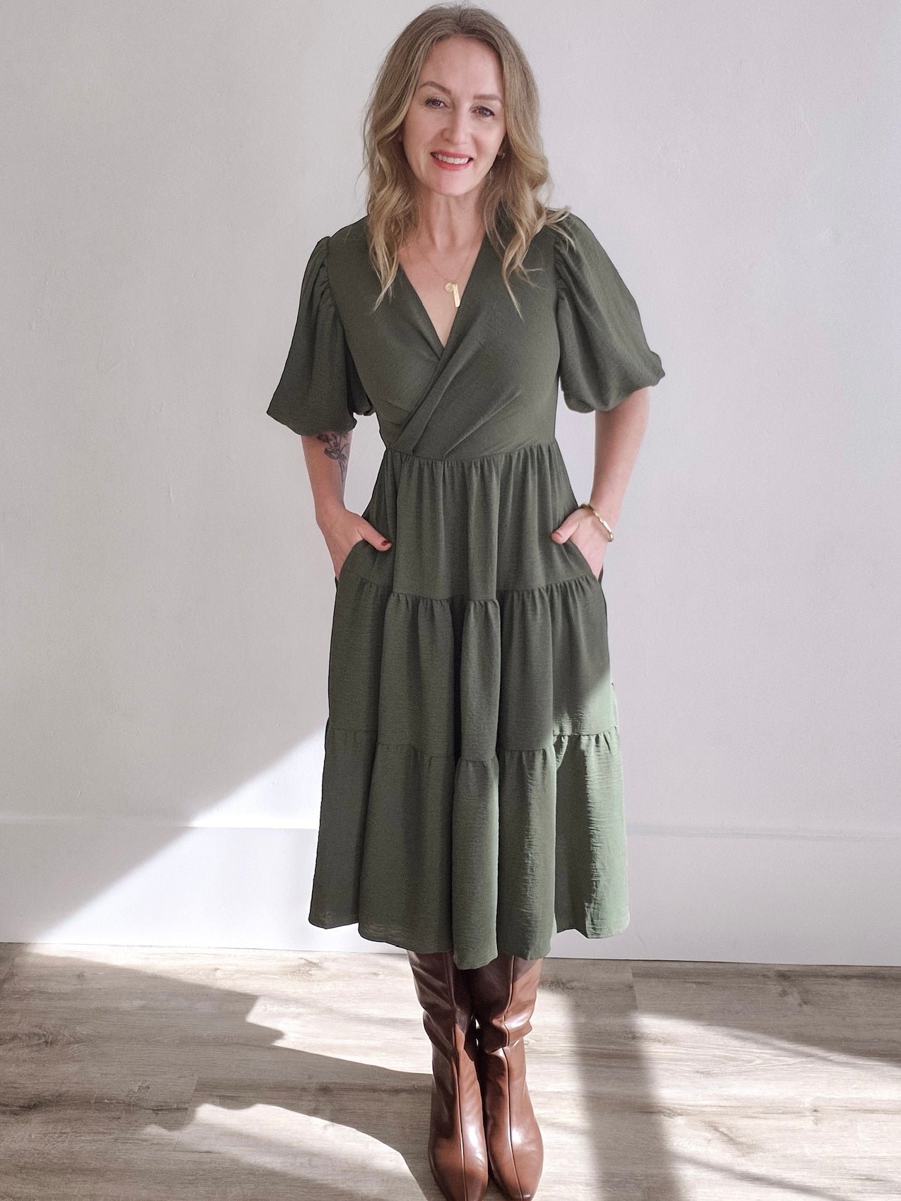 Balloon Sleeve Dress - Olive-Special Occasion Dress- Hometown Style HTS, women's in store and online boutique located in Ingersoll, Ontario