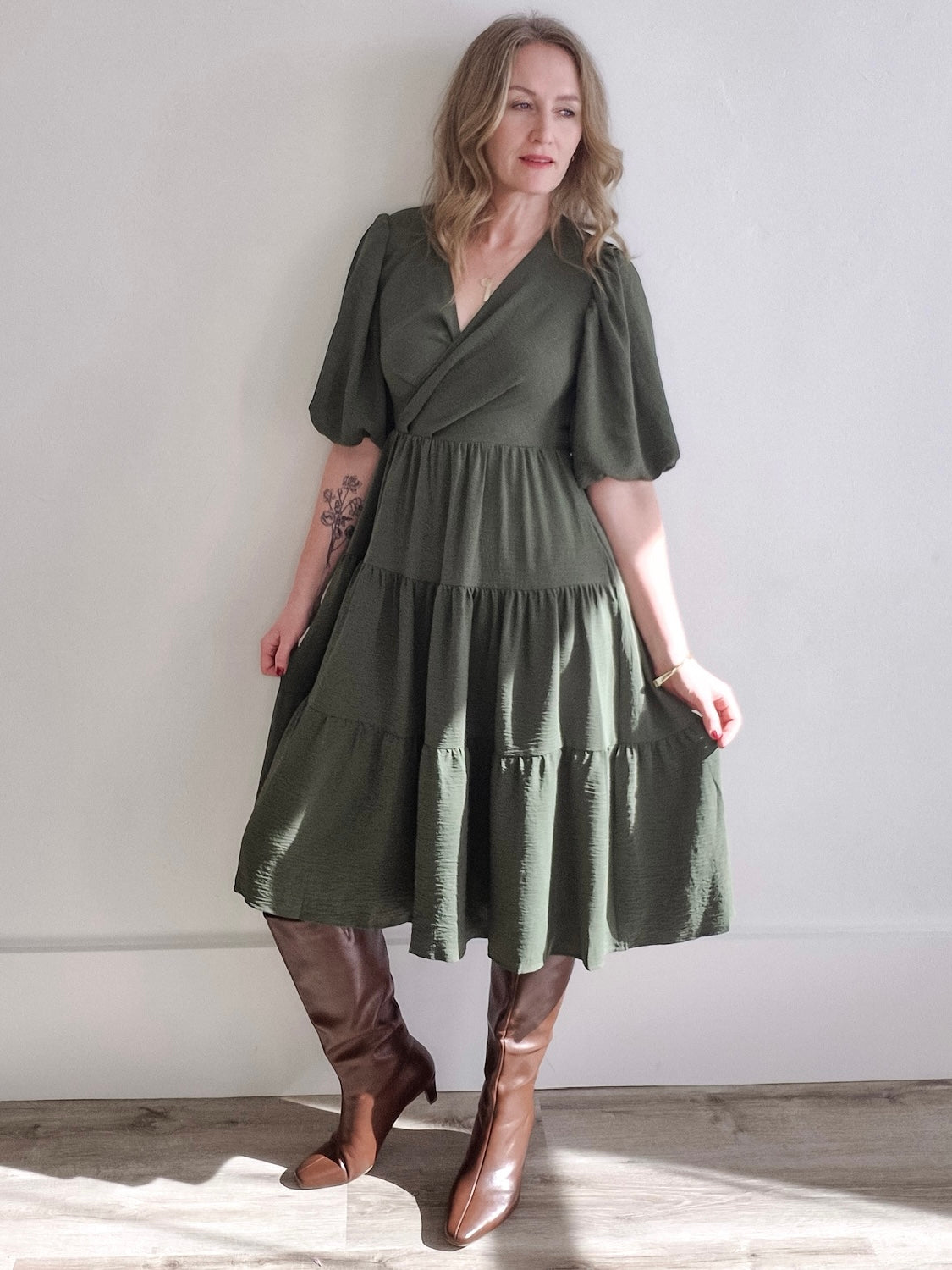Balloon Sleeve Dress - Olive-Special Occasion Dress- Hometown Style HTS, women's in store and online boutique located in Ingersoll, Ontario