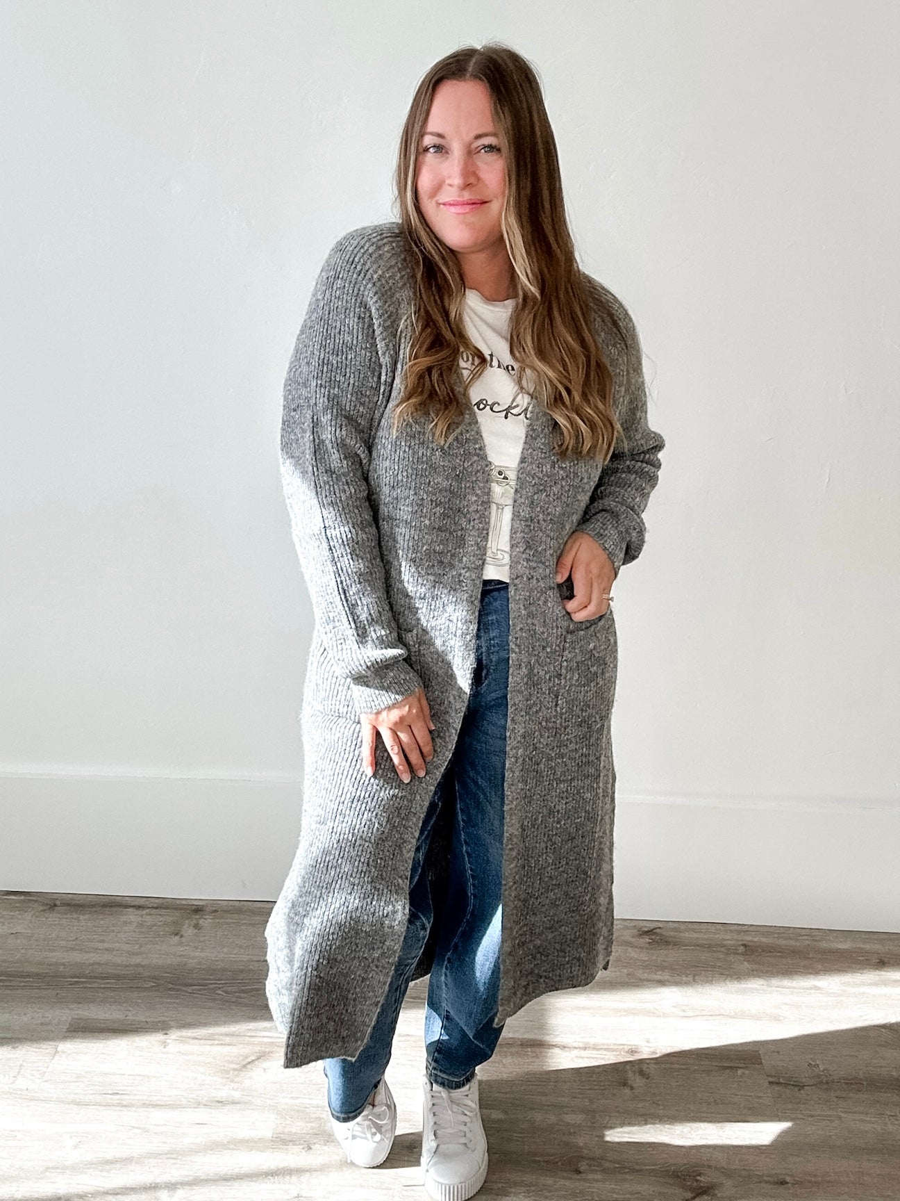 Longline Cardigan Sweater - Grey-Sweaters and Cardigans- Hometown Style HTS, women's in store and online boutique located in Ingersoll, Ontario