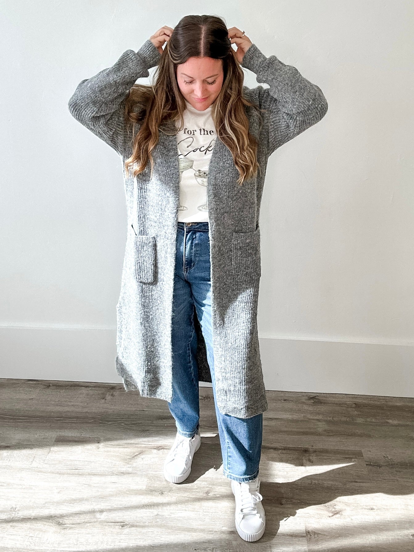 Longline Cardigan Sweater - Grey-Sweaters and Cardigans- Hometown Style HTS, women's in store and online boutique located in Ingersoll, Ontario