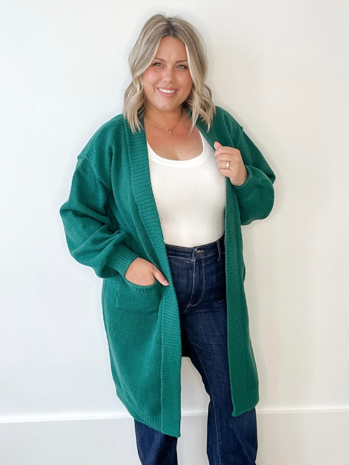 Longline Knit Open Cardigan - Emerald-Sweaters and Cardigans- Hometown Style HTS, women's in store and online boutique located in Ingersoll, Ontario