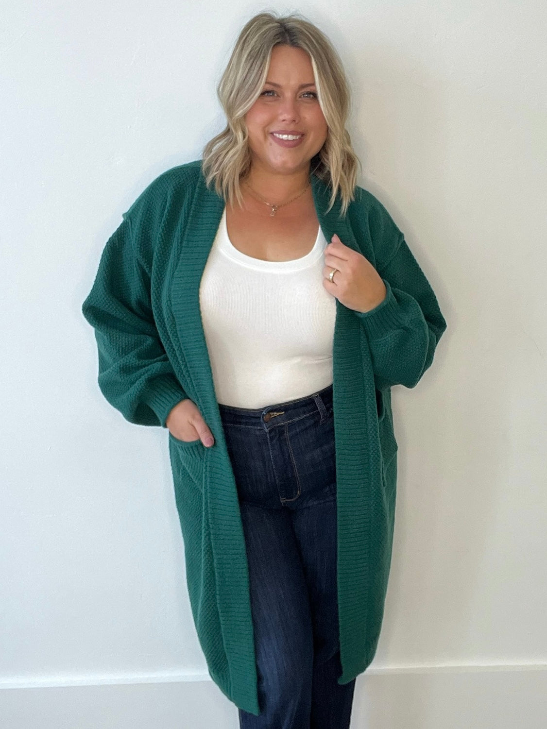 Longline Knit Open Cardigan - Emerald-Sweaters and Cardigans- Hometown Style HTS, women's in store and online boutique located in Ingersoll, Ontario