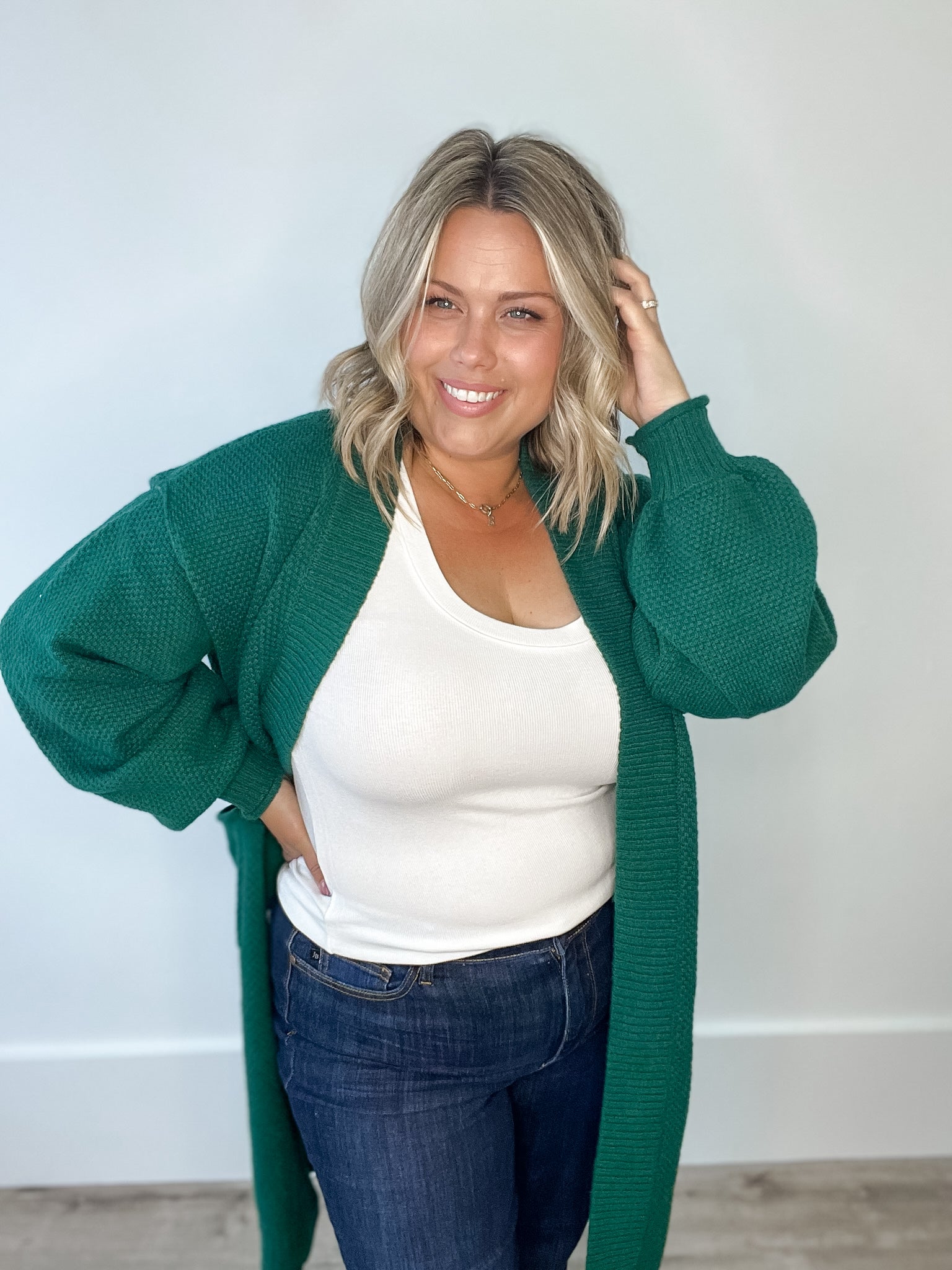 Longline Knit Open Cardigan - Emerald-Sweaters and Cardigans- Hometown Style HTS, women's in store and online boutique located in Ingersoll, Ontario