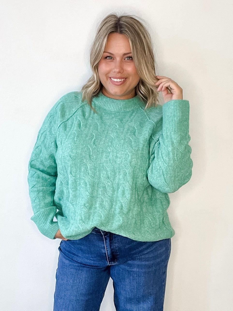 Cable Knit Sweater - Emerald-Sweaters and Cardigans- Hometown Style HTS, women's in store and online boutique located in Ingersoll, Ontario