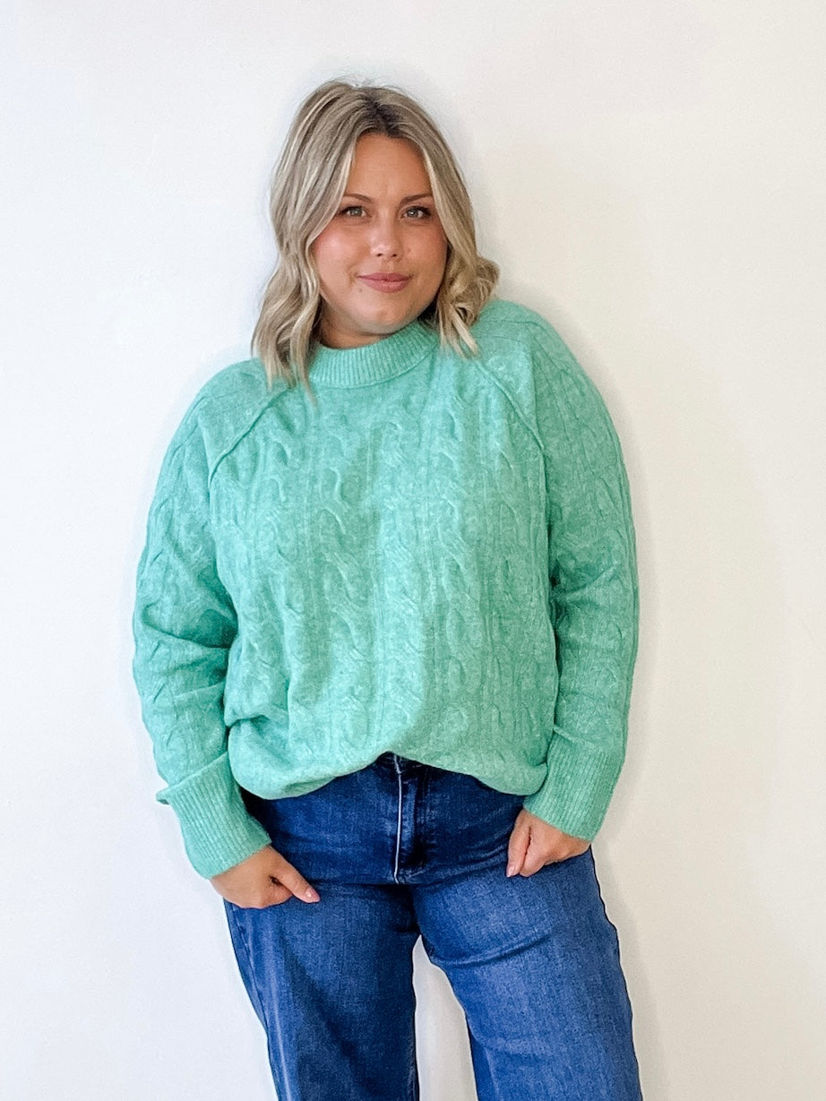 Cable Knit Sweater - Emerald-Sweaters and Cardigans- Hometown Style HTS, women's in store and online boutique located in Ingersoll, Ontario