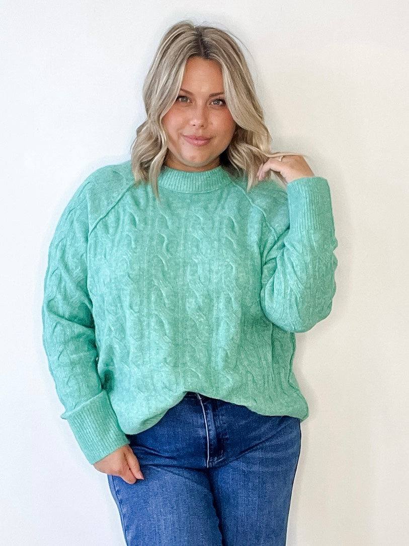 Cable Knit Sweater - Emerald-Sweaters and Cardigans- Hometown Style HTS, women's in store and online boutique located in Ingersoll, Ontario