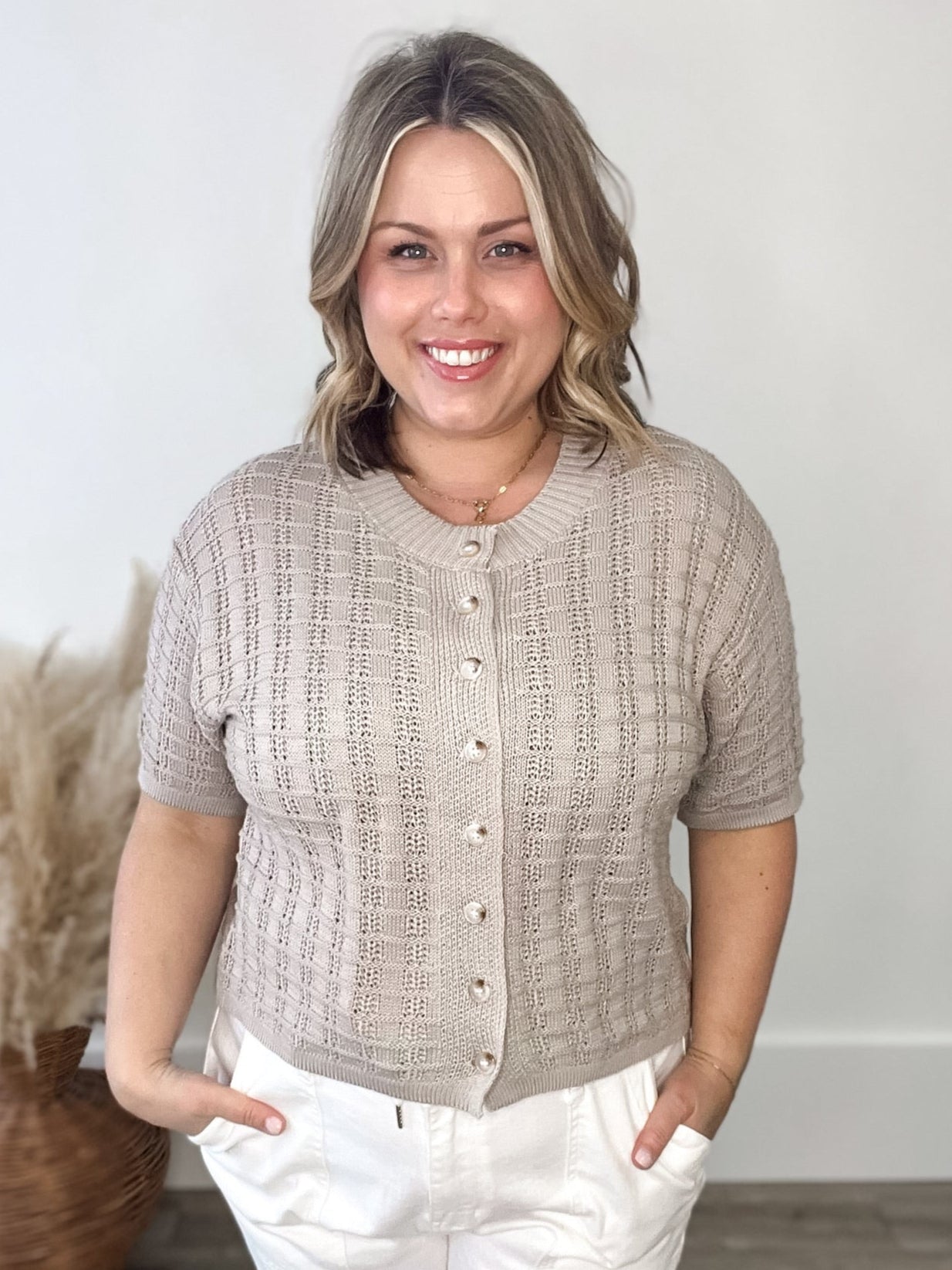 Textured Button-Up Knit - Stone-Sweater- Hometown Style HTS, women's in store and online boutique located in Ingersoll, Ontario