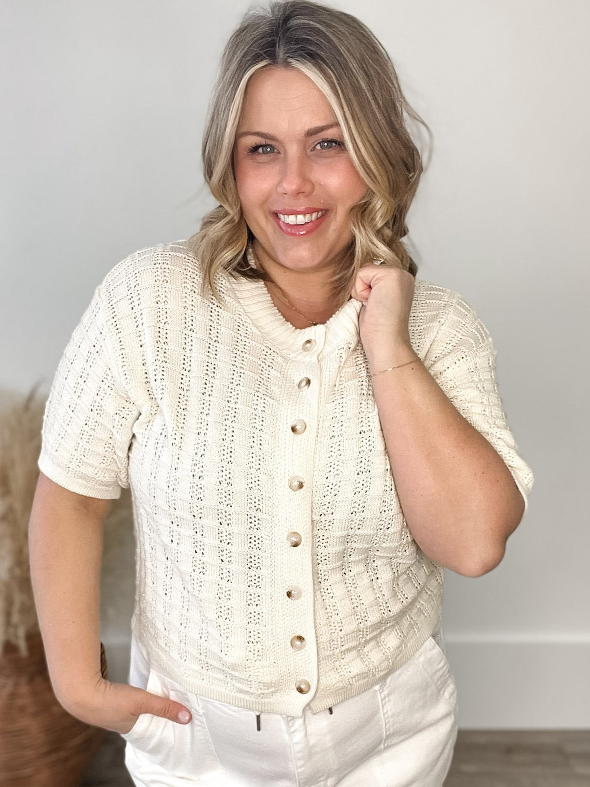 Textured Button-Up Knit - Ivory-Sweater- Hometown Style HTS, women's in store and online boutique located in Ingersoll, Ontario