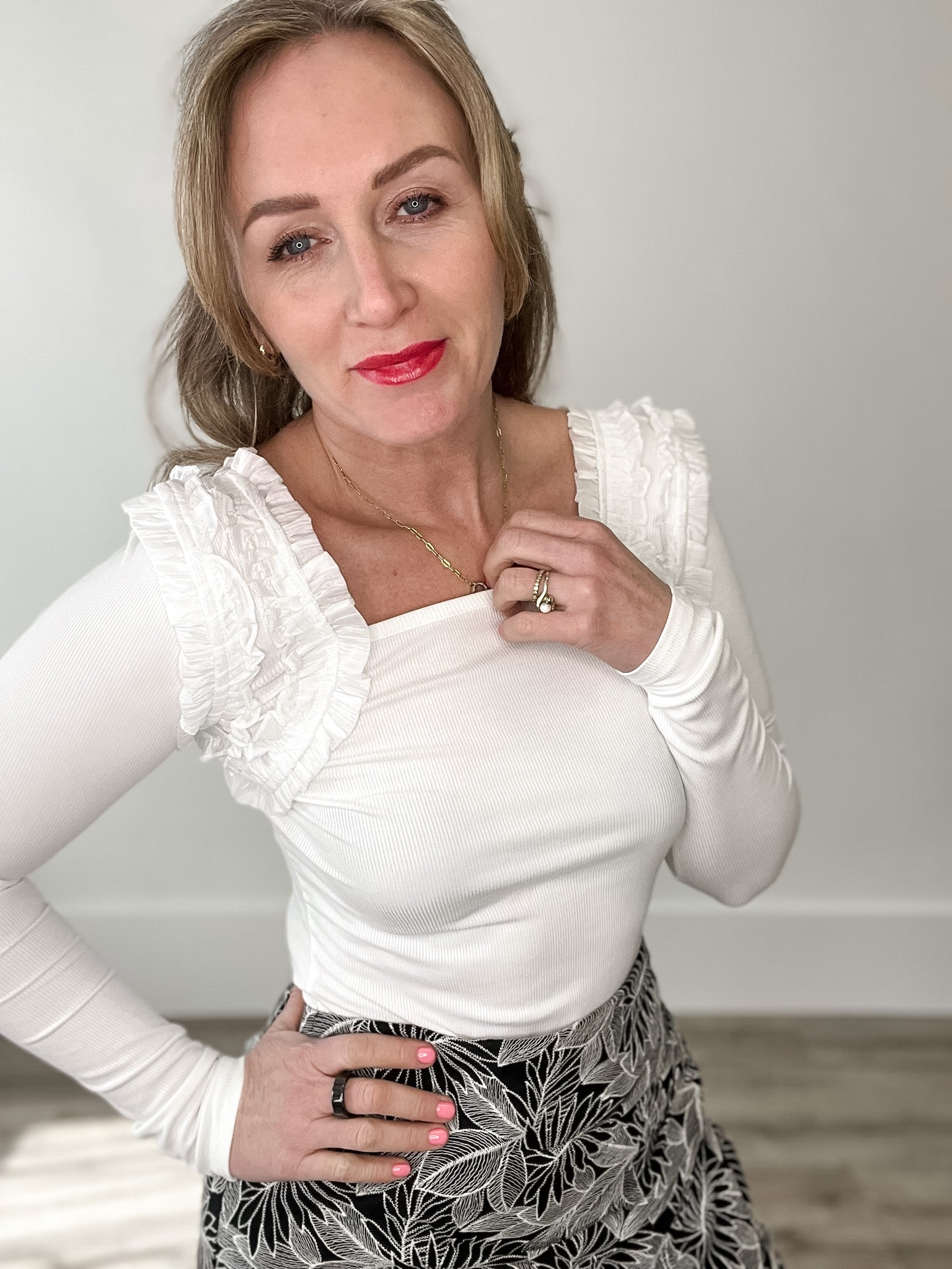 Ruffle Accent Long Sleeve - Cream-Tops- Hometown Style HTS, women's in store and online boutique located in Ingersoll, Ontario