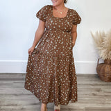 Floral Puff Sleeve Midi - Brown-dress- Hometown Style HTS, women's in store and online boutique located in Ingersoll, Ontario
