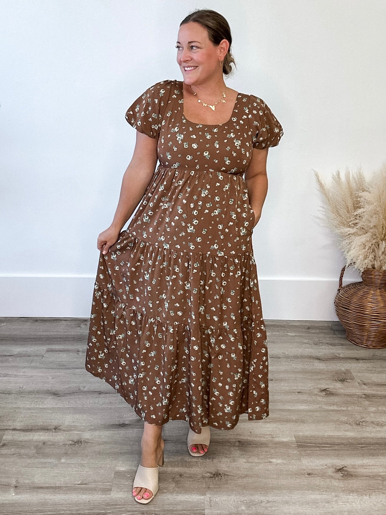 Floral Puff Sleeve Midi - Brown-dress- Hometown Style HTS, women's in store and online boutique located in Ingersoll, Ontario