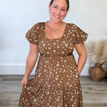 Floral Puff Sleeve Midi - Brown-dress- Hometown Style HTS, women's in store and online boutique located in Ingersoll, Ontario
