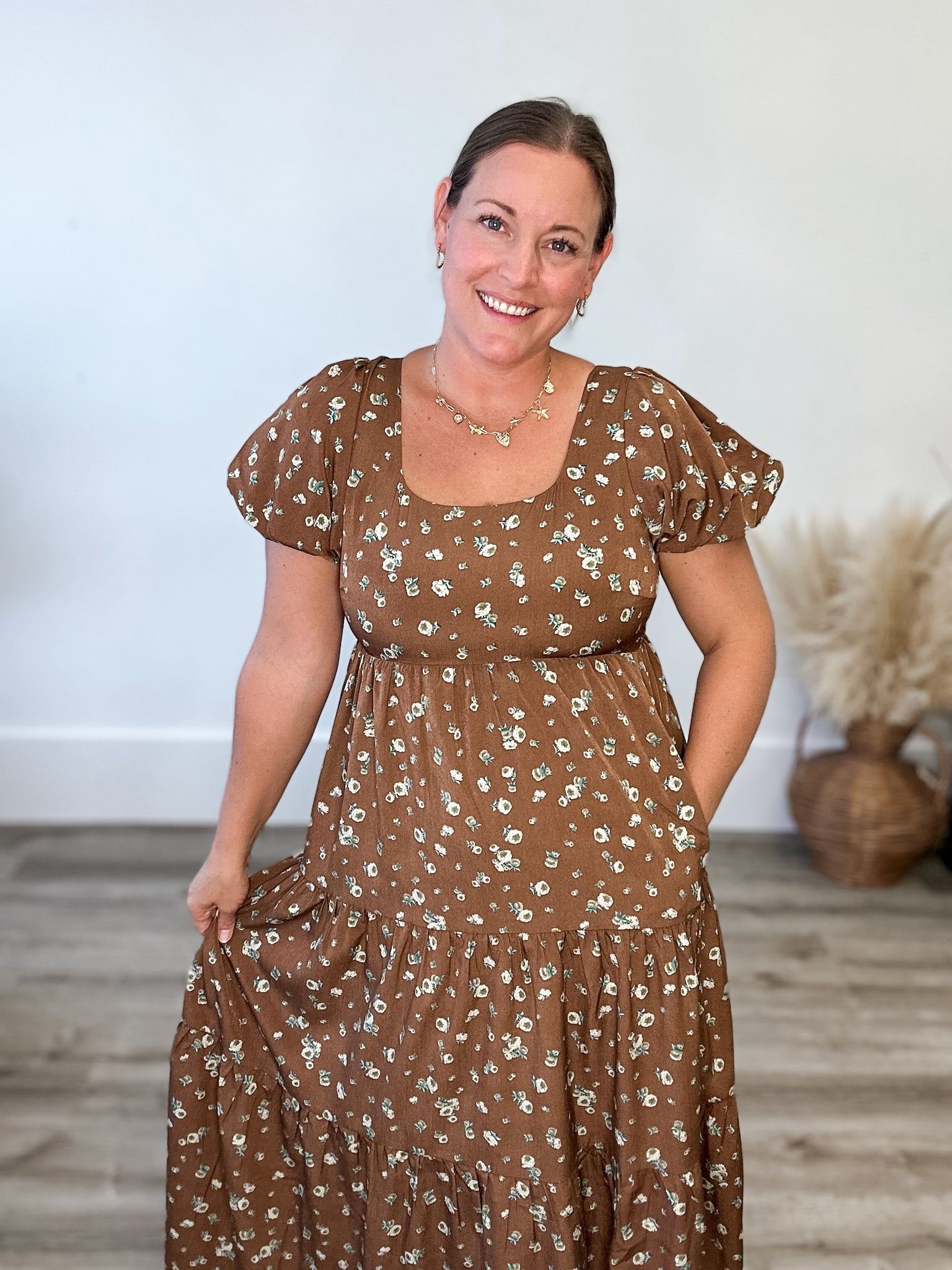 Floral Puff Sleeve Midi - Brown-dress- Hometown Style HTS, women's in store and online boutique located in Ingersoll, Ontario