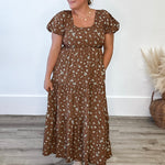 Floral Puff Sleeve Midi - Brown-dress- Hometown Style HTS, women's in store and online boutique located in Ingersoll, Ontario
