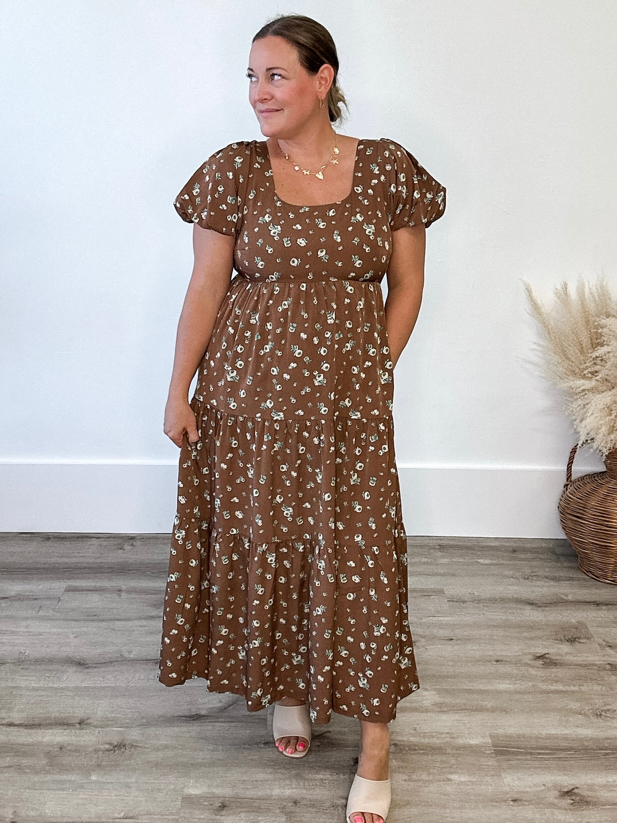Floral Puff Sleeve Midi - Brown-dress- Hometown Style HTS, women's in store and online boutique located in Ingersoll, Ontario