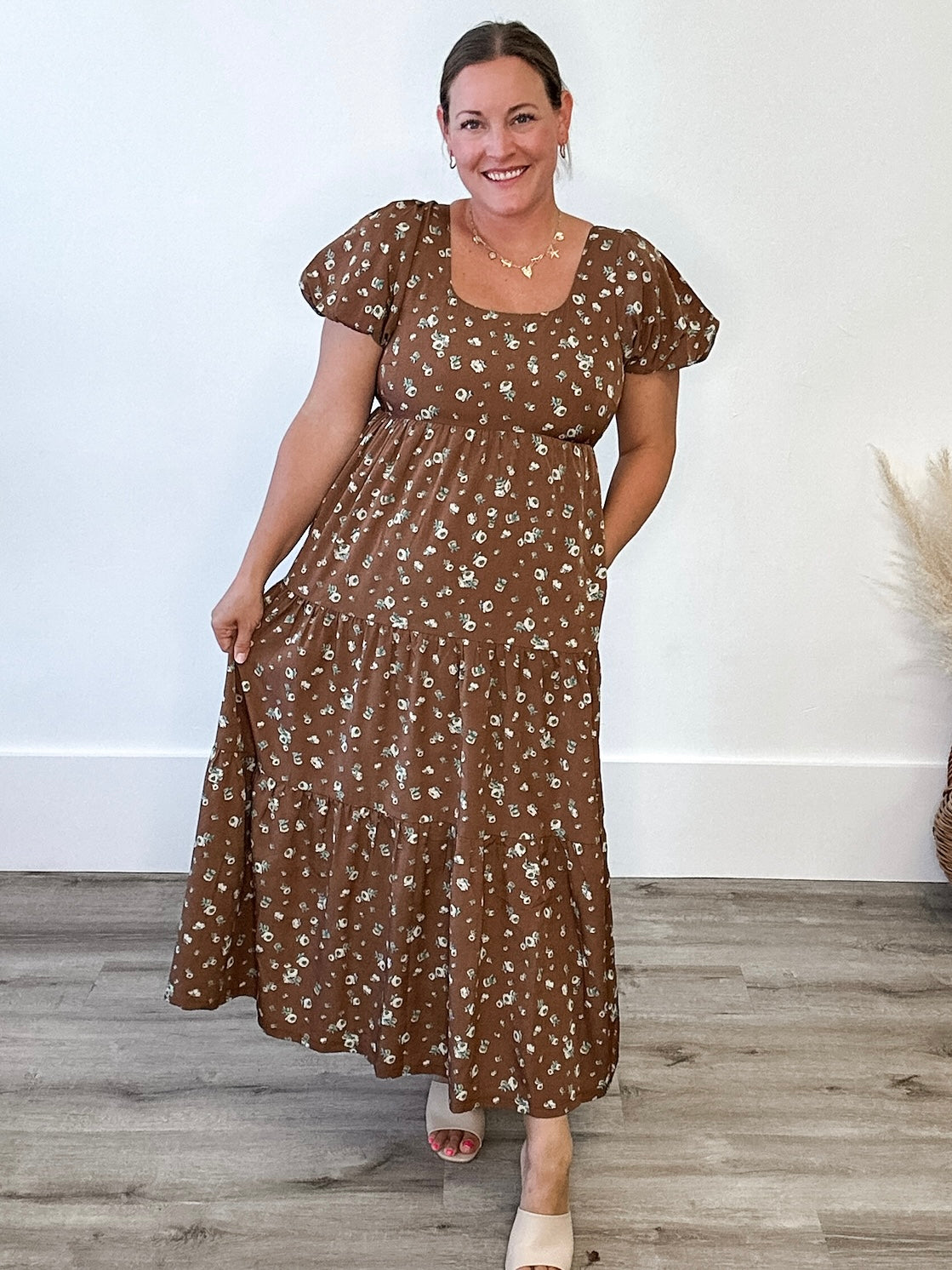 Floral Puff Sleeve Midi - Brown-dress- Hometown Style HTS, women's in store and online boutique located in Ingersoll, Ontario