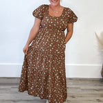 Floral Puff Sleeve Midi - Brown-dress- Hometown Style HTS, women's in store and online boutique located in Ingersoll, Ontario