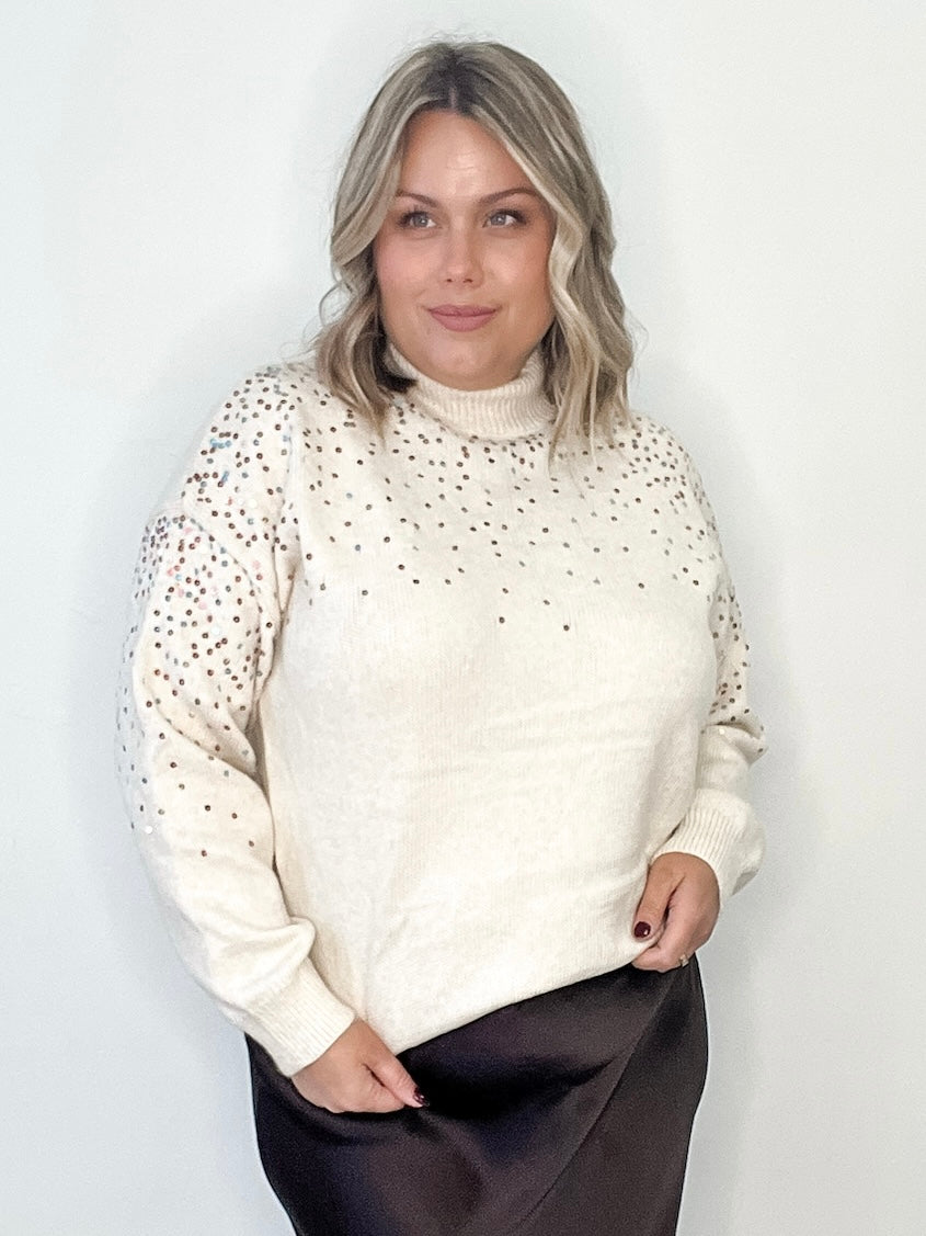 Sequin Embellishment Mock Neck Knitted Sweater-Sweaters and Cardigans- Hometown Style HTS, women's in store and online boutique located in Ingersoll, Ontario