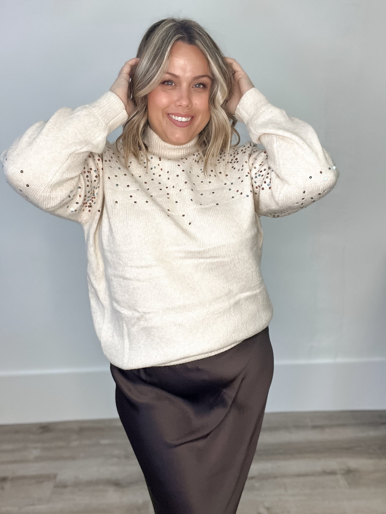 Sequin Embellishment Mock Neck Knitted Sweater-Sweaters and Cardigans- Hometown Style HTS, women's in store and online boutique located in Ingersoll, Ontario