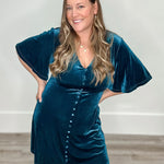 V Neck, Velvet Dress - Emerald-Special Occasion Dresses- Hometown Style HTS, women's in store and online boutique located in Ingersoll, Ontario