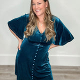 V Neck, Velvet Dress - Emerald-Special Occasion Dresses- Hometown Style HTS, women's in store and online boutique located in Ingersoll, Ontario