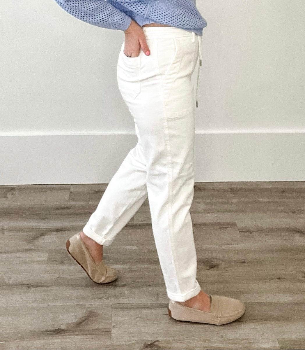 Judy Blue - White Drawstring Jogger-denim- Hometown Style HTS, women's in store and online boutique located in Ingersoll, Ontario