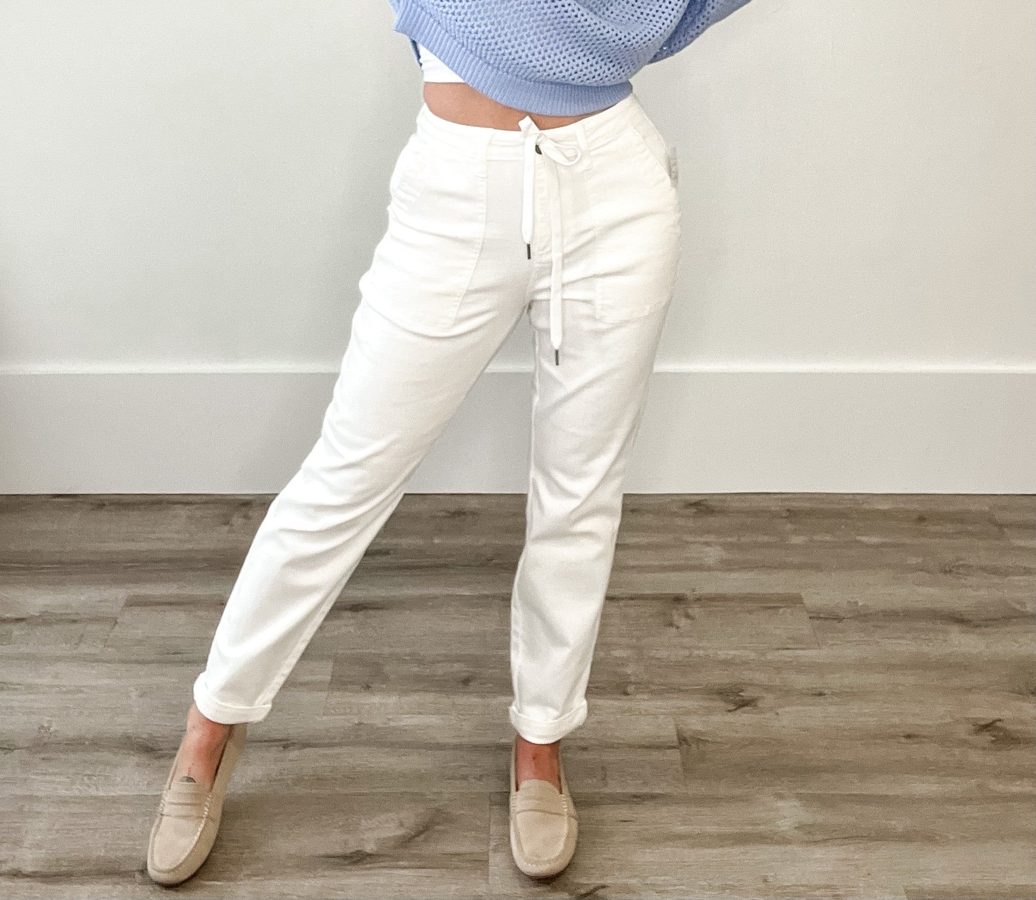 Judy Blue - White Drawstring Jogger-denim- Hometown Style HTS, women's in store and online boutique located in Ingersoll, Ontario