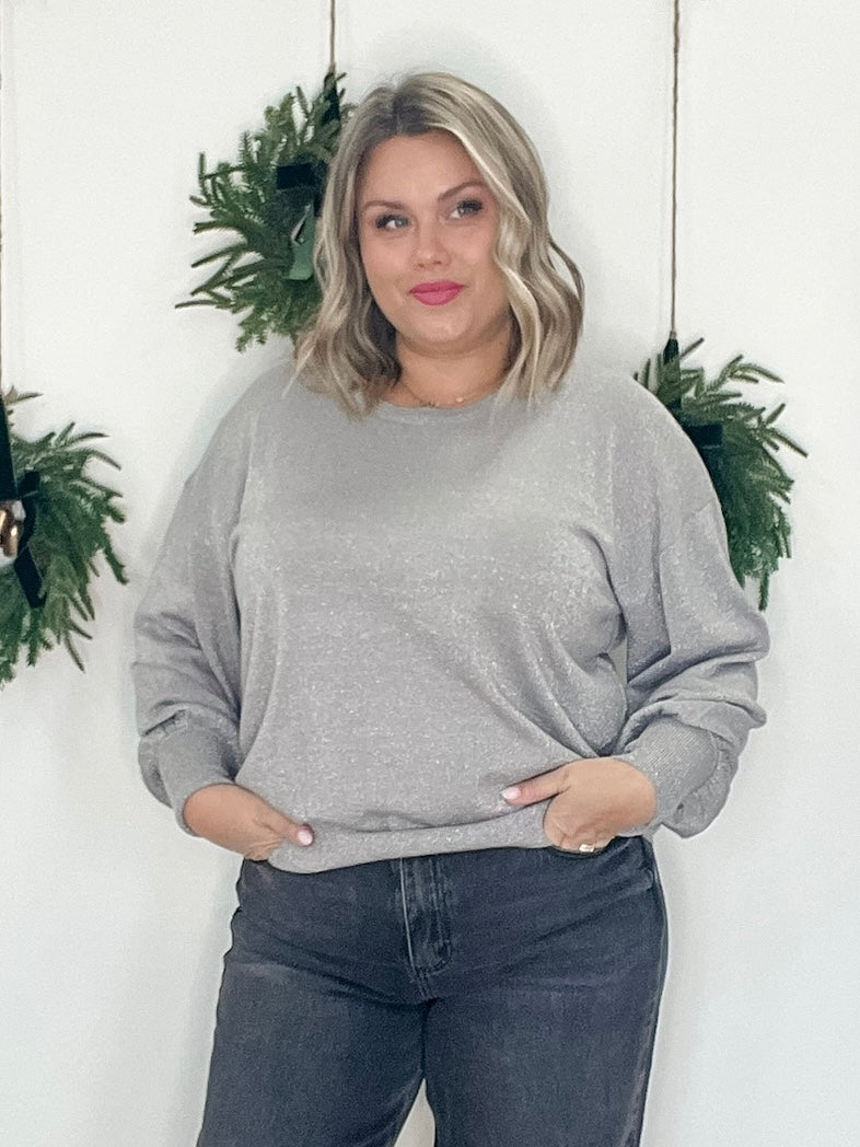 Regina Glitter Knit Pullover - Silver Metallic-Tops- Hometown Style HTS, women's in store and online boutique located in Ingersoll, Ontario