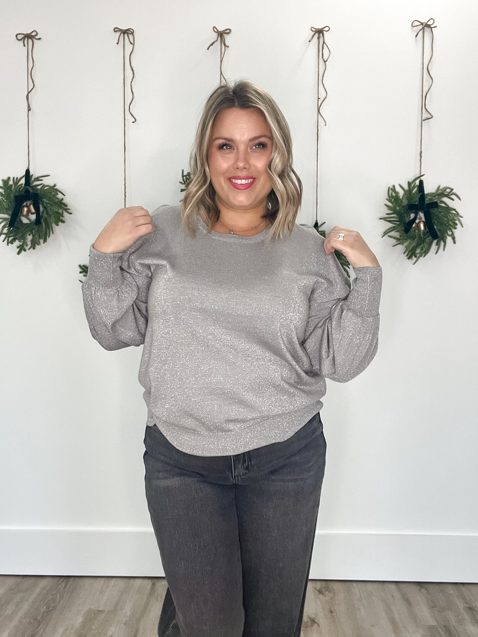 Regina Glitter Knit Pullover - Silver Metallic-Tops- Hometown Style HTS, women's in store and online boutique located in Ingersoll, Ontario