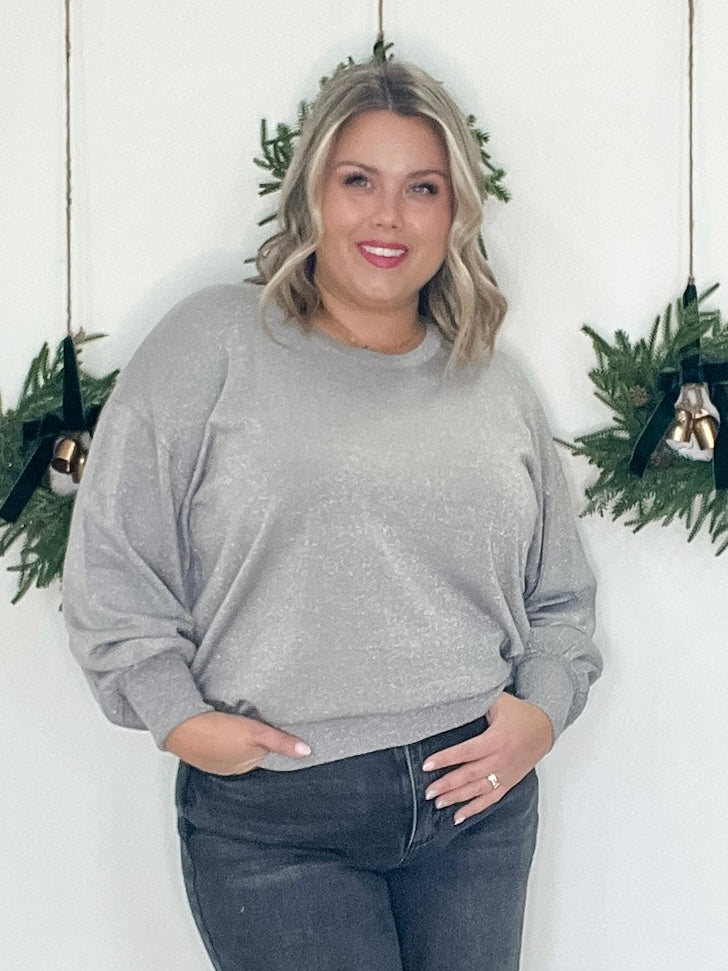 Regina Glitter Knit Pullover - Silver Metallic-Tops- Hometown Style HTS, women's in store and online boutique located in Ingersoll, Ontario