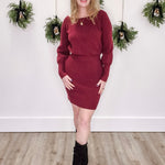 Ribbed Knit Sweater Blouson Dress - Burgundy-Casual Dresses- Hometown Style HTS, women's in store and online boutique located in Ingersoll, Ontario