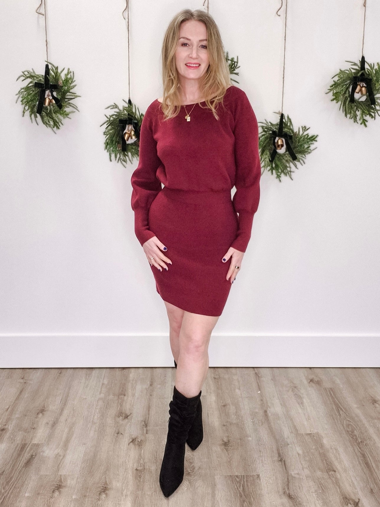 Ribbed Knit Sweater Blouson Dress - Burgundy-Casual Dresses- Hometown Style HTS, women's in store and online boutique located in Ingersoll, Ontario