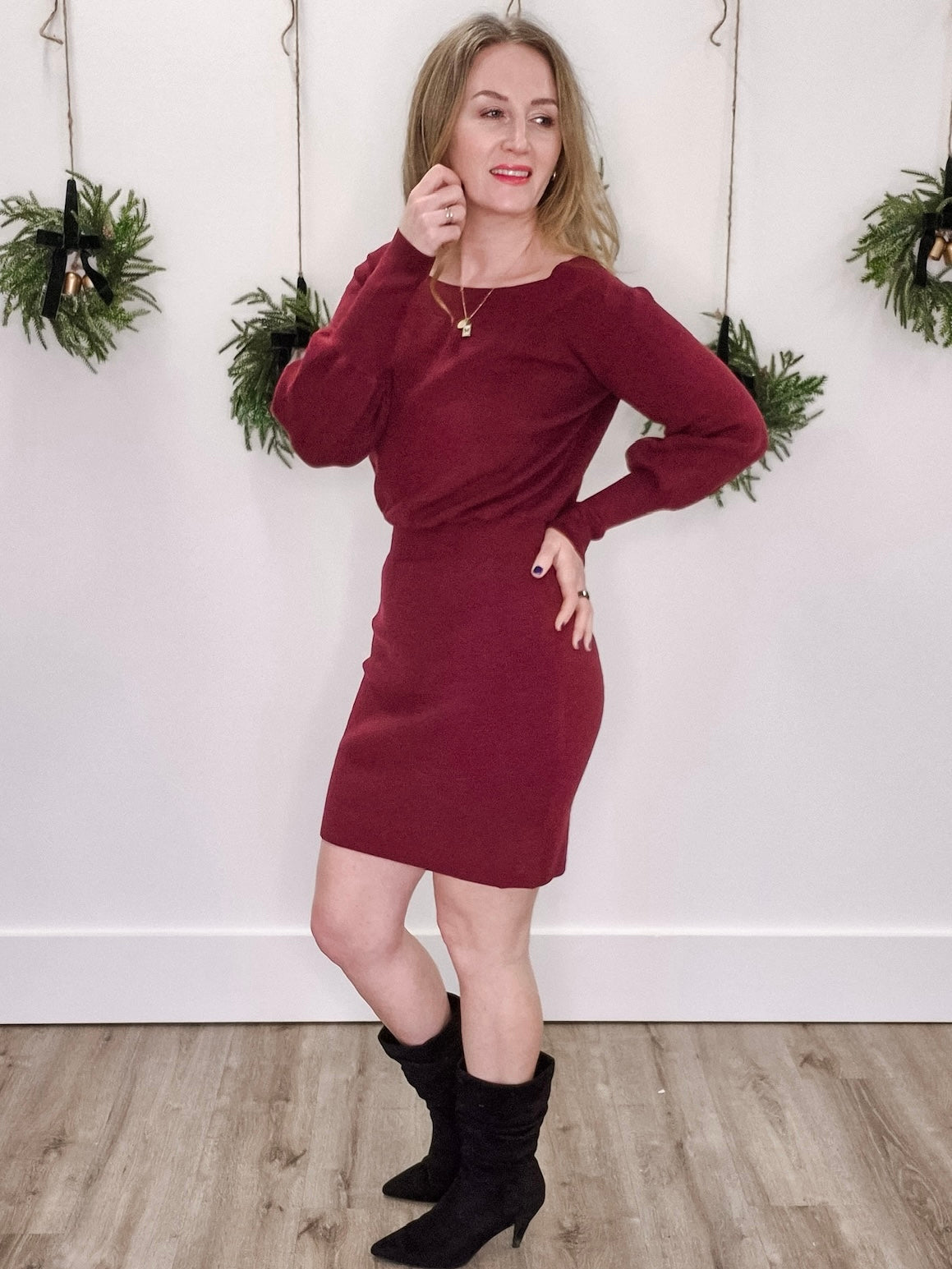 Ribbed Knit Sweater Blouson Dress - Burgundy-Casual Dresses- Hometown Style HTS, women's in store and online boutique located in Ingersoll, Ontario
