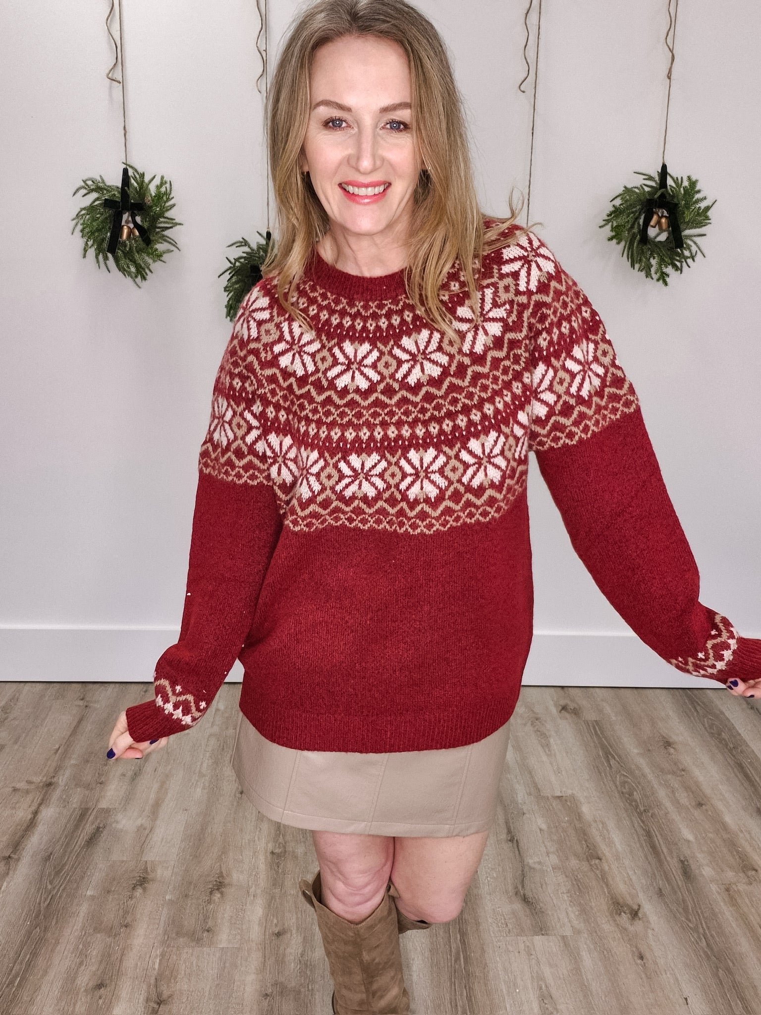 Fair Isle Knit Sweater - Burgundy-Sweaters and Cardigans- Hometown Style HTS, women's in store and online boutique located in Ingersoll, Ontario