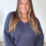 Oversized V Neck Knit Sweater - Midnight Blue-sweater- Hometown Style HTS, women's in store and online boutique located in Ingersoll, Ontario