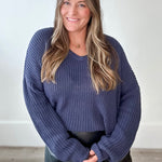 Oversized V Neck Knit Sweater - Midnight Blue-sweater- Hometown Style HTS, women's in store and online boutique located in Ingersoll, Ontario