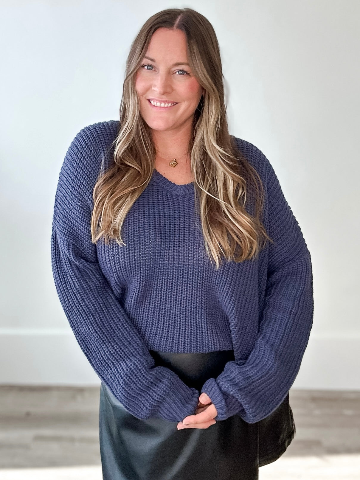 Oversized V Neck Knit Sweater - Midnight Blue-sweater- Hometown Style HTS, women's in store and online boutique located in Ingersoll, Ontario