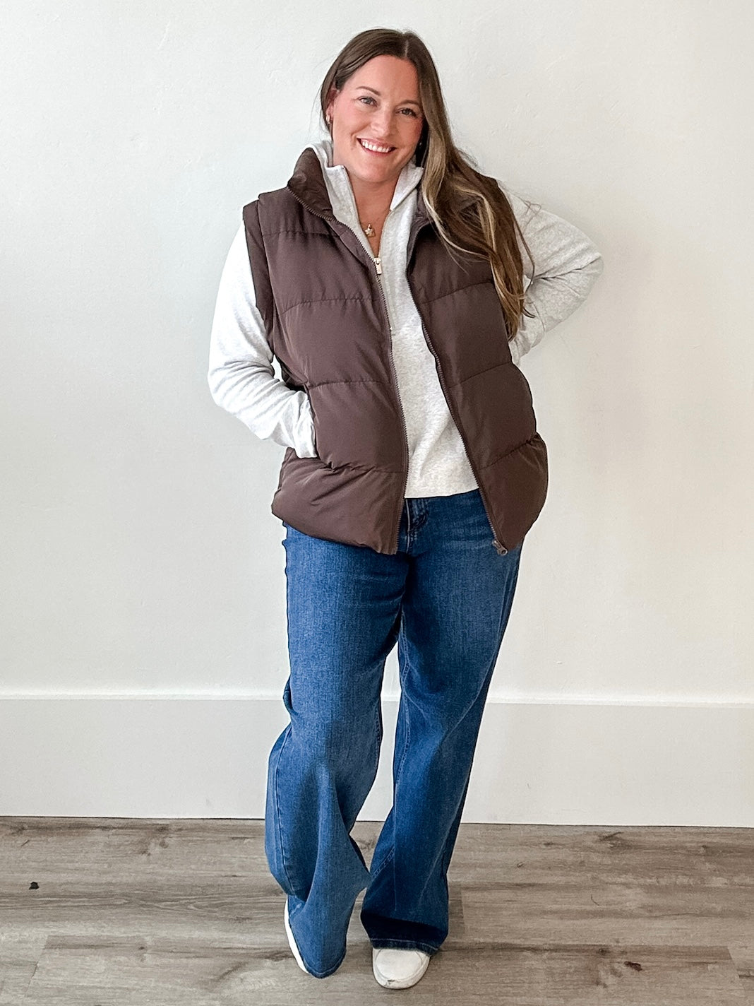 Medium Length Puffer Vest- Brown-Coat & Jackets- Hometown Style HTS, women's in store and online boutique located in Ingersoll, Ontario