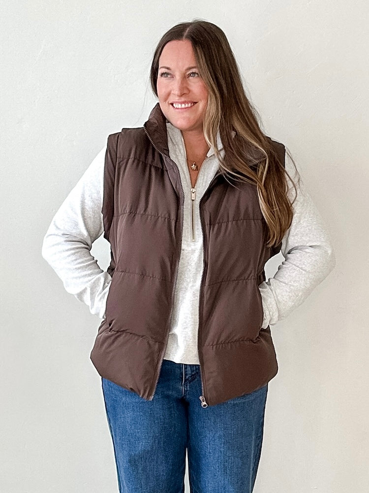 Medium Length Puffer Vest- Brown-Coat & Jackets- Hometown Style HTS, women's in store and online boutique located in Ingersoll, Ontario