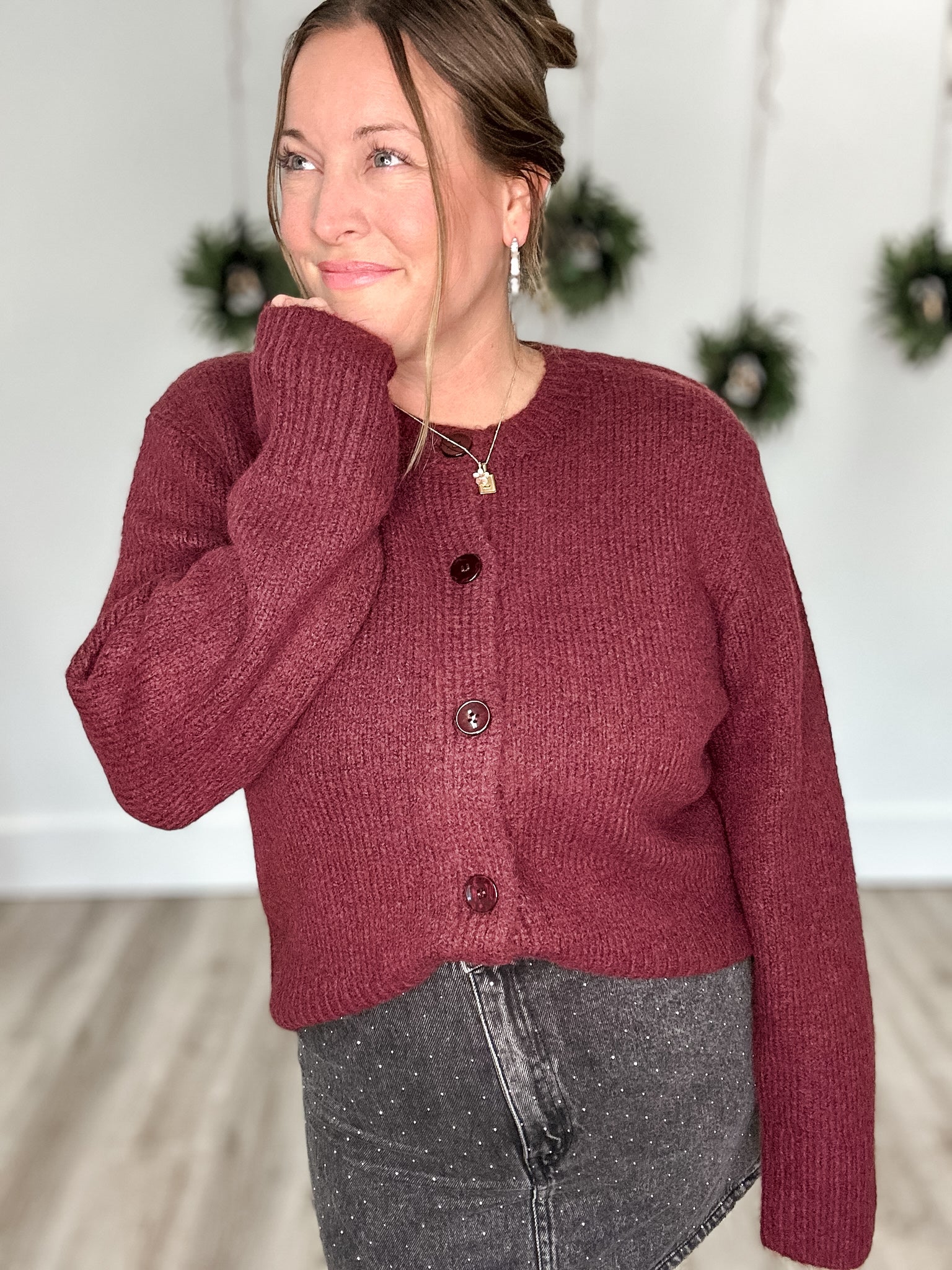 BREEN CARDIGAN - Merlot-Sweaters and Cardigans- Hometown Style HTS, women's in store and online boutique located in Ingersoll, Ontario