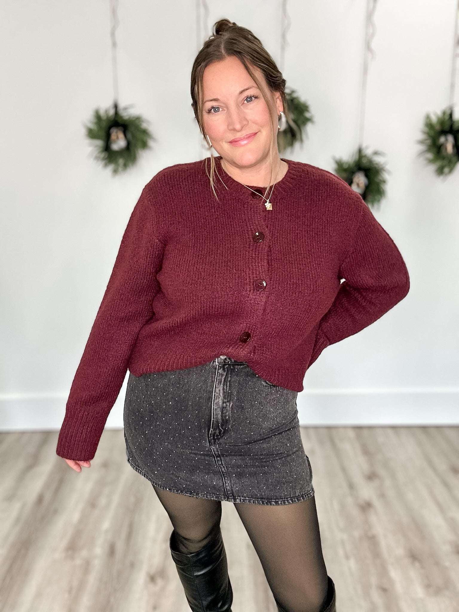 BREEN CARDIGAN - Merlot-Sweaters and Cardigans- Hometown Style HTS, women's in store and online boutique located in Ingersoll, Ontario