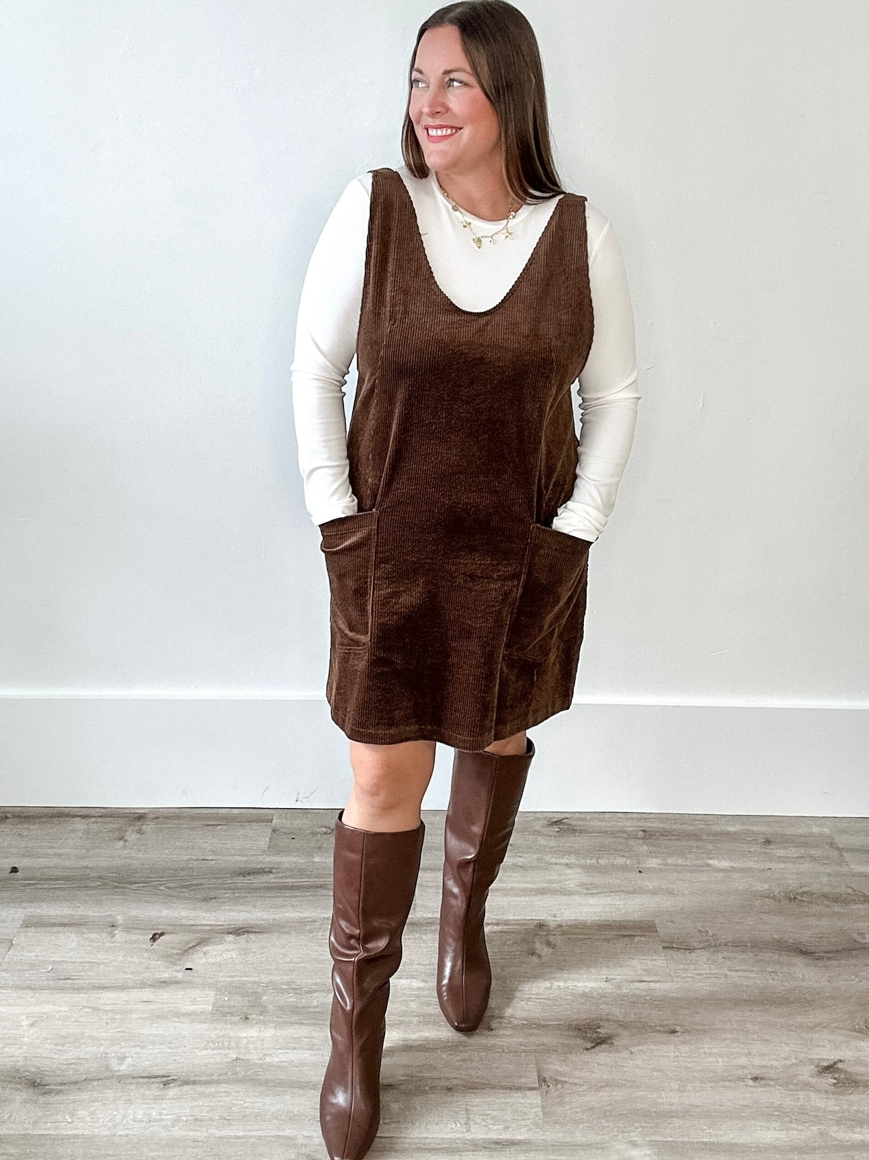 Casual Overall Corduroy Dress - Brown-Casual Dresses- Hometown Style HTS, women's in store and online boutique located in Ingersoll, Ontario
