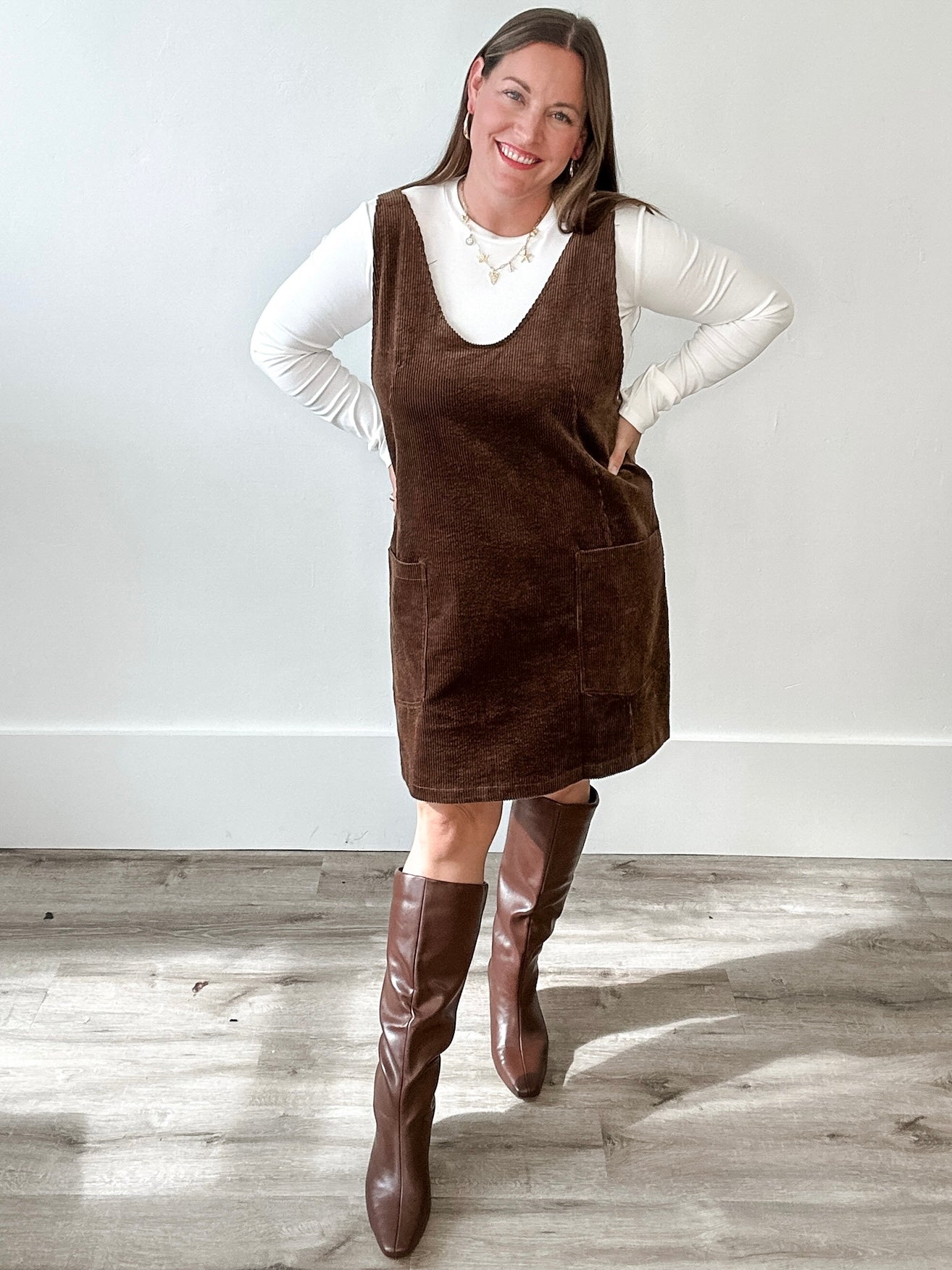 Casual Overall Corduroy Dress - Brown-Casual Dresses- Hometown Style HTS, women's in store and online boutique located in Ingersoll, Ontario