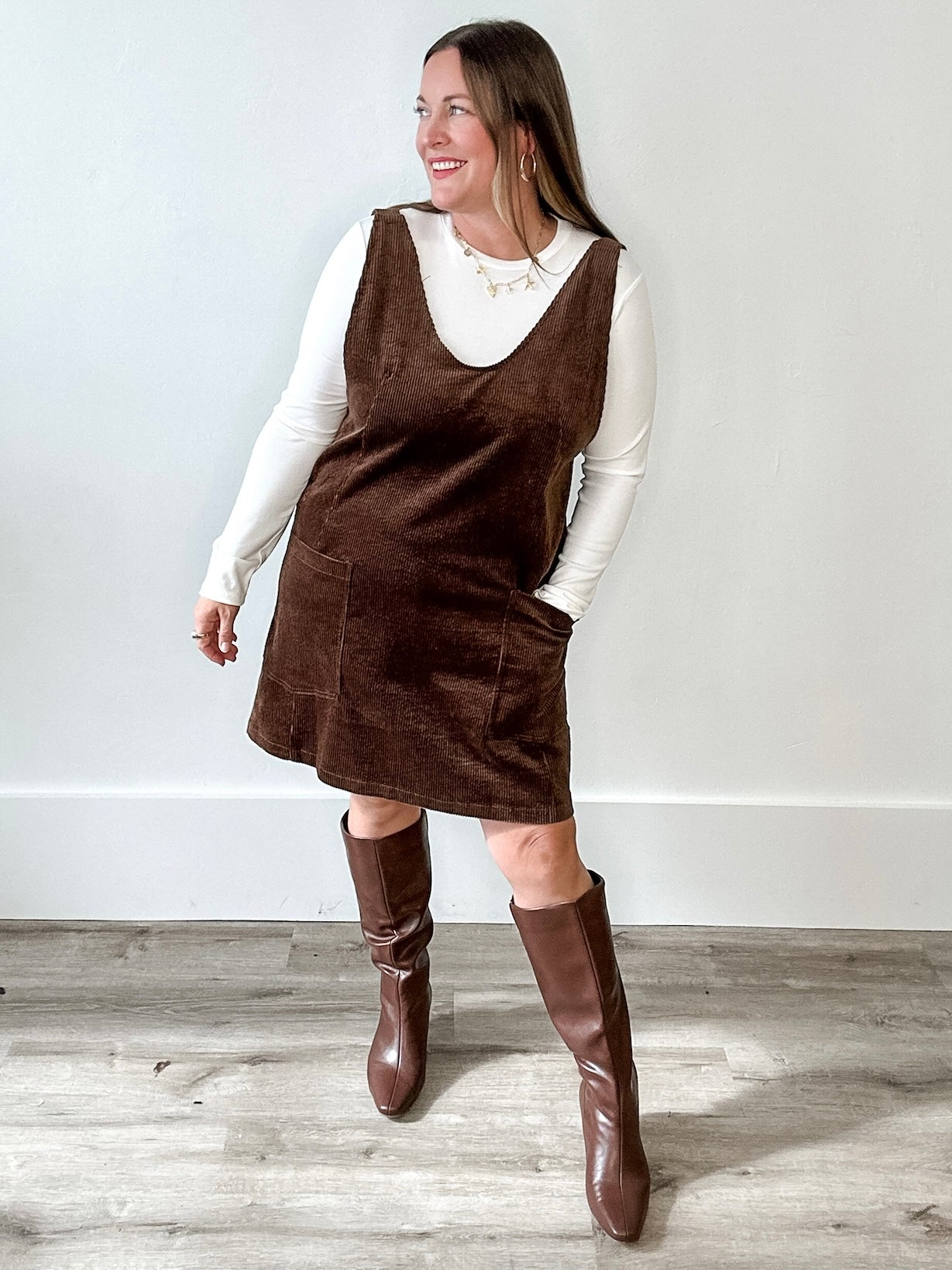 Casual Overall Corduroy Dress - Brown-Casual Dresses- Hometown Style HTS, women's in store and online boutique located in Ingersoll, Ontario