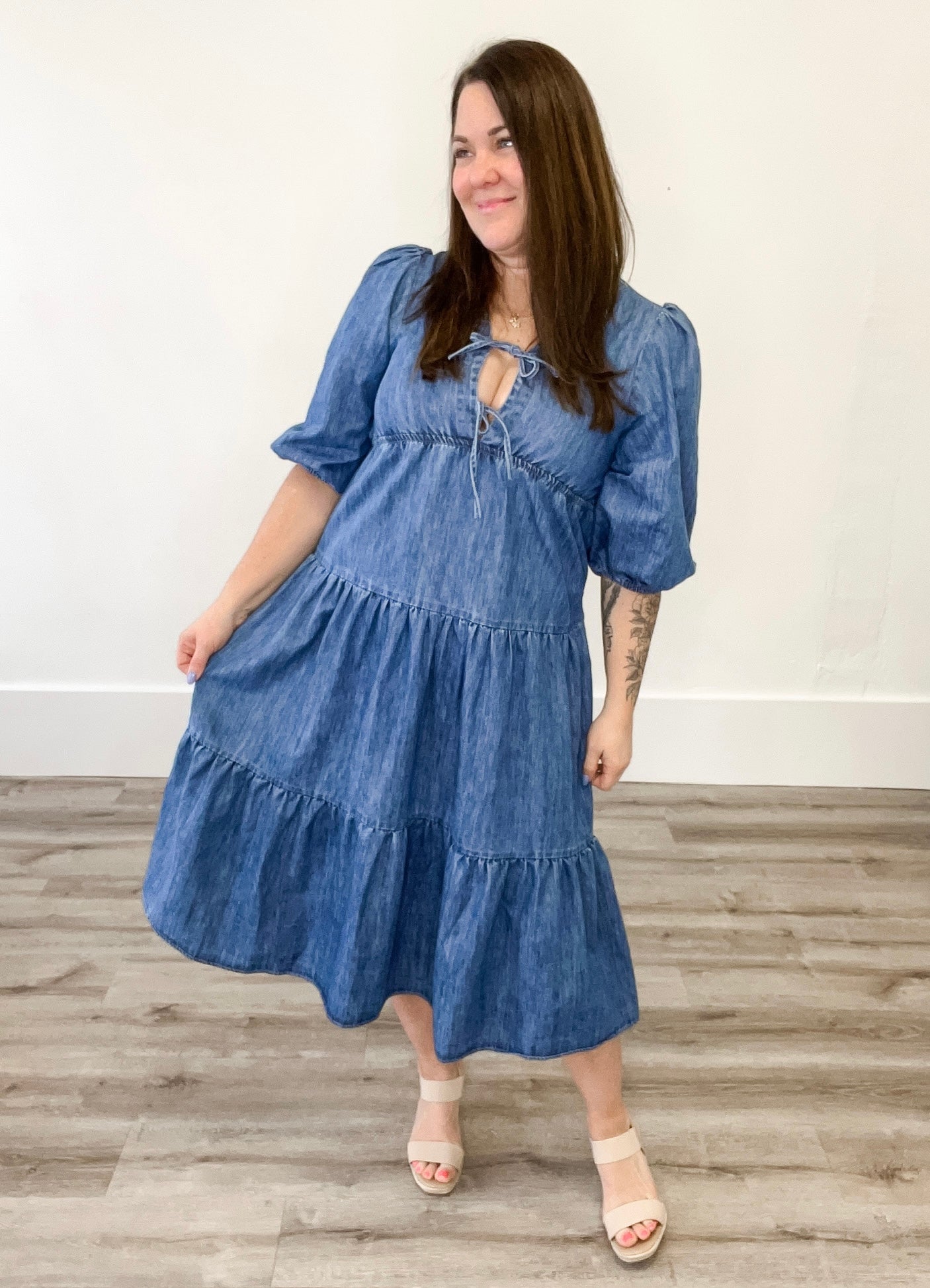 Denim Tiered Midi Dress-dress- Hometown Style HTS, women's in store and online boutique located in Ingersoll, Ontario