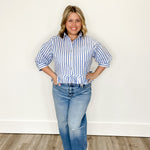 Stripe Button Down with Ruffle - Blue-Tops- Hometown Style HTS, women's in store and online boutique located in Ingersoll, Ontario